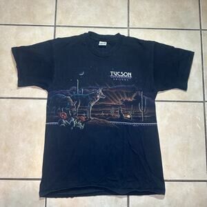 Vintage 90s Arizona Double Sided AOP Black Graphic T-Shirt Mens Large Wolf Anvil